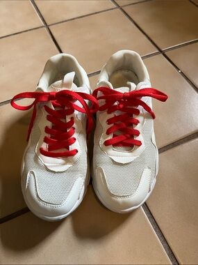 White Sneakers with Red Laces - Casual Athletic Shoes